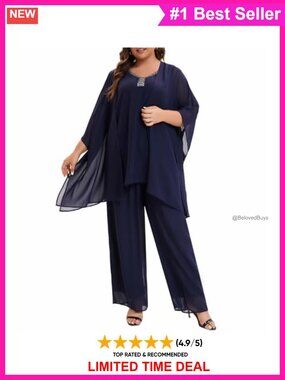 Plus Size Chiffon 3-Piece Pantsuit Set Beaded Vest Shawl Jacket Wedding Guest